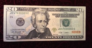 2009 20 Dollar Bill,  Fancy Serial Number Jd 47030303 C photo