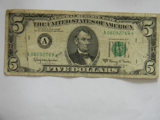 1963a Five Dollar ($5.  00) Federal Reserve A Series Low Serial Star Note photo