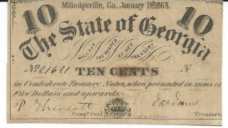 Obsolete Currency State Of Georgia Milledgeville 10c 1863 Issued 21621 photo