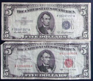 One 1953a $5 Silver Certificate & One 1953 $5 United States Note (a03048900a) photo