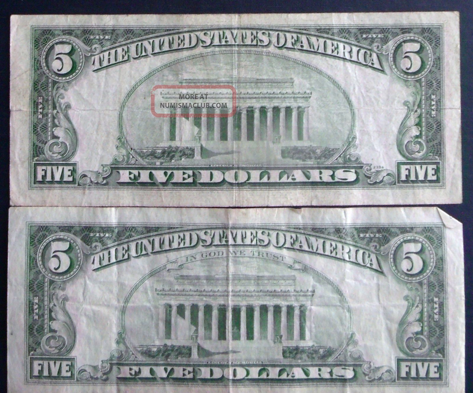 One 1953a $5 Silver Certificate One 1953 $5 United States Note