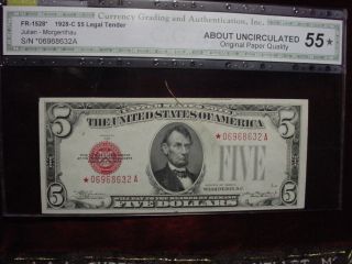 1928c $5 Star United States Note Very Scarce In This Grade Cga Au 55 Opq photo