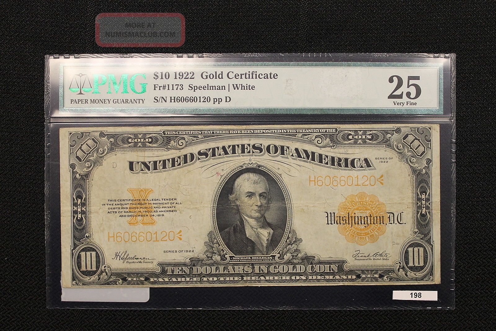 1922 $10 Gold Certificate Fr 1173 Speelman White Vf25 Pmg