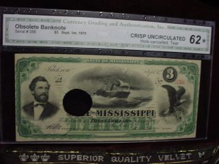 Sept.  1870 $3 State Of Mississippi.  Cga Crisp Uncirculated 62 photo
