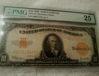 1922 $10 Gold Certificate Large Note Pmg Vf25 photo