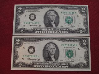 2 1976 $2 Notes Canceled Stamp Juyl 4 1976 Uncirculated In Sequence photo