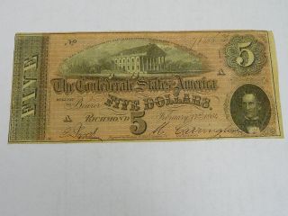 1864 $5 Dollars Virginia Treasury Richmond Va Obsolete Note Civil War Days 3409 photo