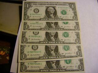 Five (5) $1.  00 Consecutive Federal Reserve Notes photo