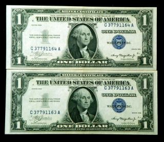 2 - Consecutive Double Date 1935 Plain $1 Ca Block One Dollar Silver Certificate photo