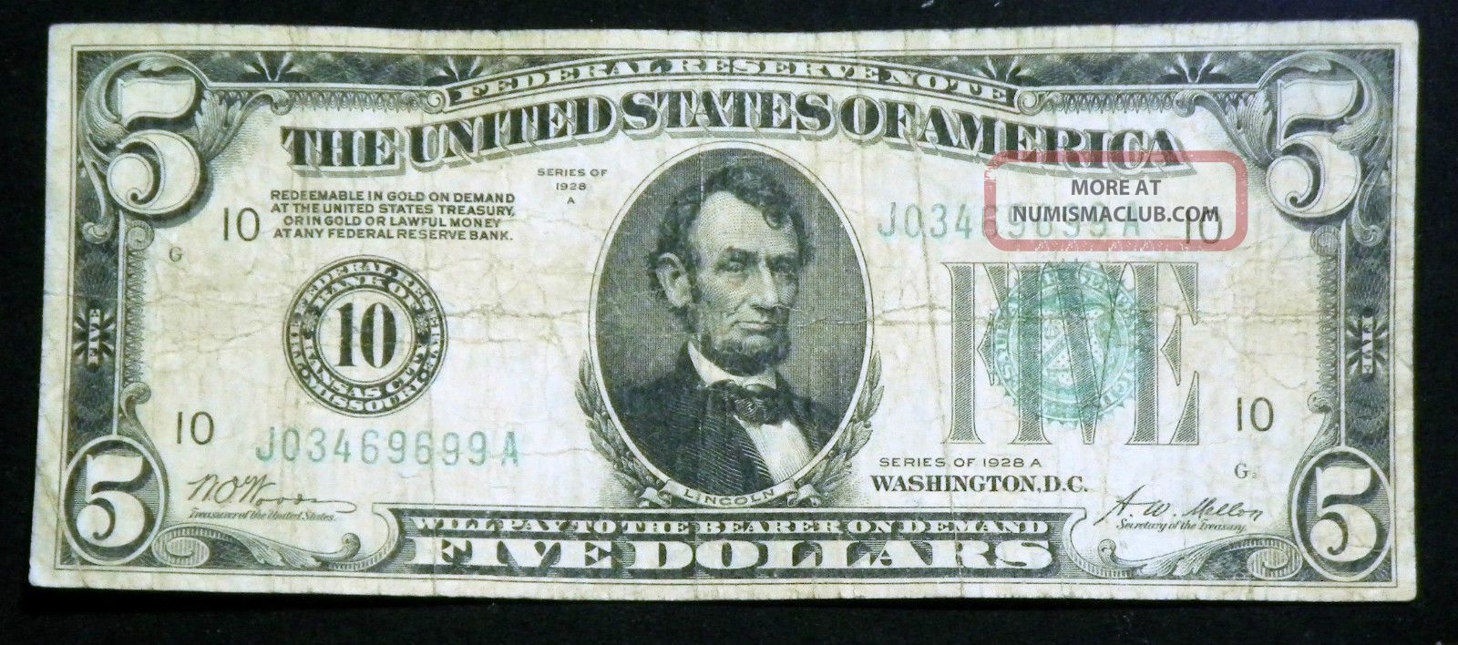 1928a $5 Redeemable In Gold On Demand Note Number 10 - Ja Block Kansas City Small Size Notes photo