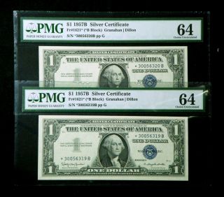 Star (2) Consecutive Uncirculated 1957b $1 One Dollar Silver Certificates photo