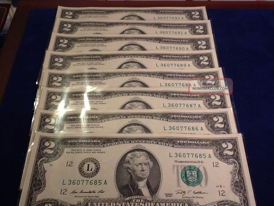 8 Uncirculated Crisp $2 Two Dollar Bill Us Currency 2009 Series Ca Reserve Small Size Notes photo