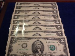 8 Uncirculated Crisp $2 Two Dollar Bill Us Currency 2009 Series Ca Reserve photo