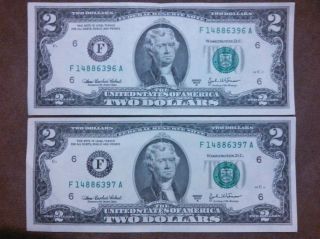 (2) 2003a $2 Dollar Bill,  Consecutive,  Crisp,  Old Paper Money,  Us Currency photo