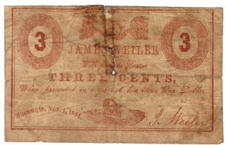 3¢ James Weiler Macungle Pa Old Pennsylvania Obsolete Us Paper Money Currency photo