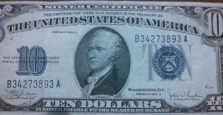 1934c $10 Dollar Bill,  Silver Certificate,  Crisp Old Paper Money,  Us Currency photo