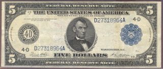 1914 $5 Federal Reserve Note Xf Cleveland District photo