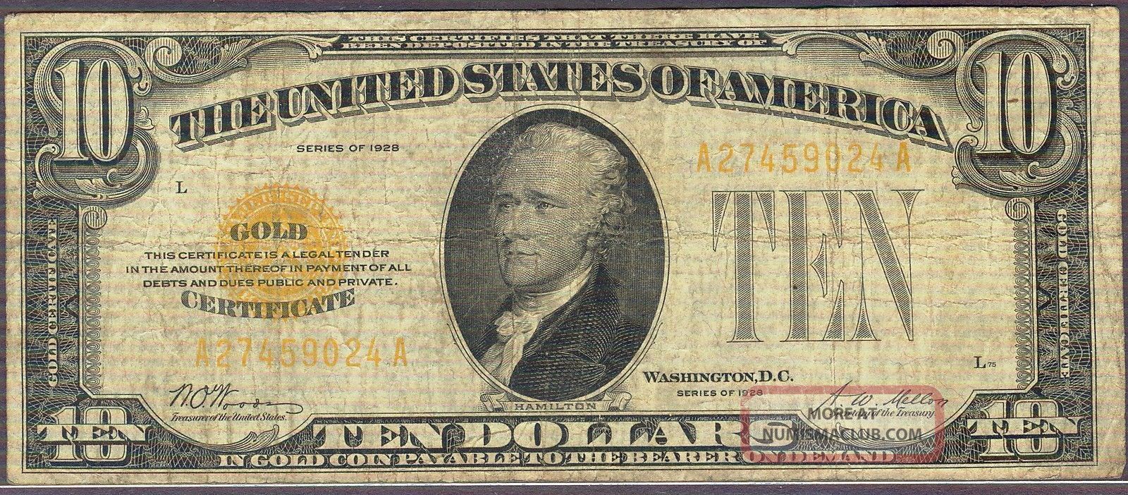 1928a $10 Gold Certificate Very Fine Small Size Notes photo