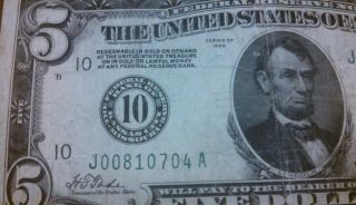 1928 $5 Dollar Bill,  Big 10,  Kc Missouri,  Redeemable In Gold,  Old Paper Money,  Low photo