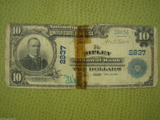 1902 Large $10 National Currency Note Ripley,  Ohio Kl 1228 - 1242,  Fr 624 - 638 photo