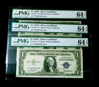 (3) Star Consecutive Uncirculated 1935f Cu64 $1 One Dollar Silver Certificates photo