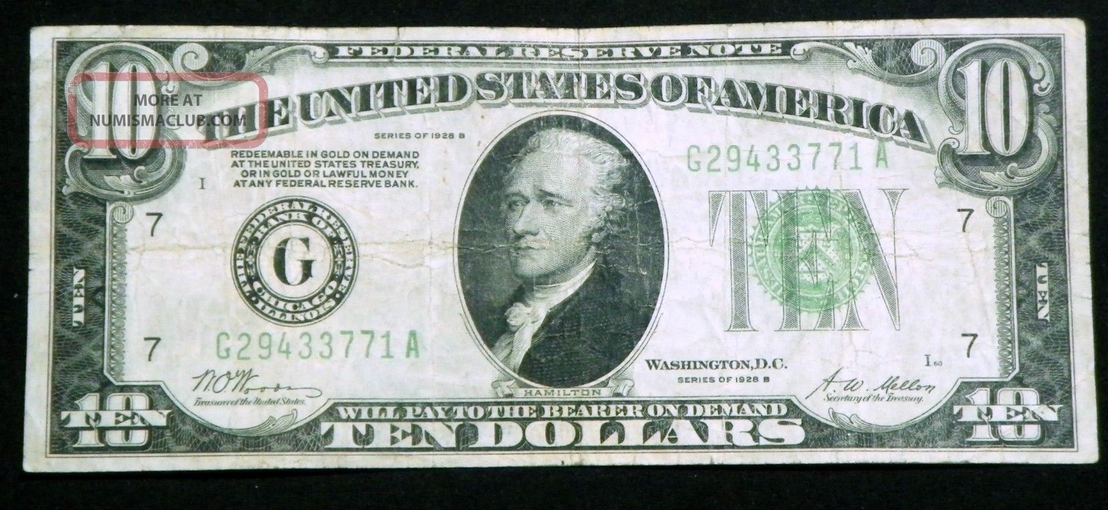 1928b $10 Redeemable In Gold On Demand Note Woods - Mellon Ga Block Chicago Lot4 Small Size Notes photo