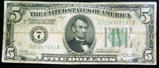 1928a $5 Redeemable In Gold On Demand Note Number 7 - Ga Block Chicago Lot5 photo
