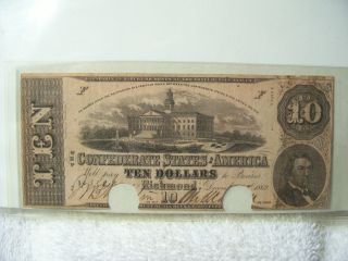 Authentic Obsolete Confederate $10 T52 373 Note Currency 1862 photo