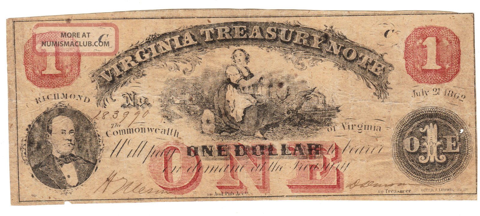 $1 Virginia Treasury Note One Dollar Bill Obsolete VA Currency