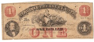 $1 Virginia Treasury 1862 Old Confederate Paper Money Currency Note Neeson Durom photo