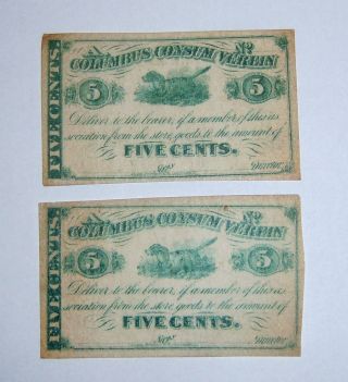 (2) Columbus Consum Verein Five Cents Ohio Obsolete Notes Deliver To Bearer photo