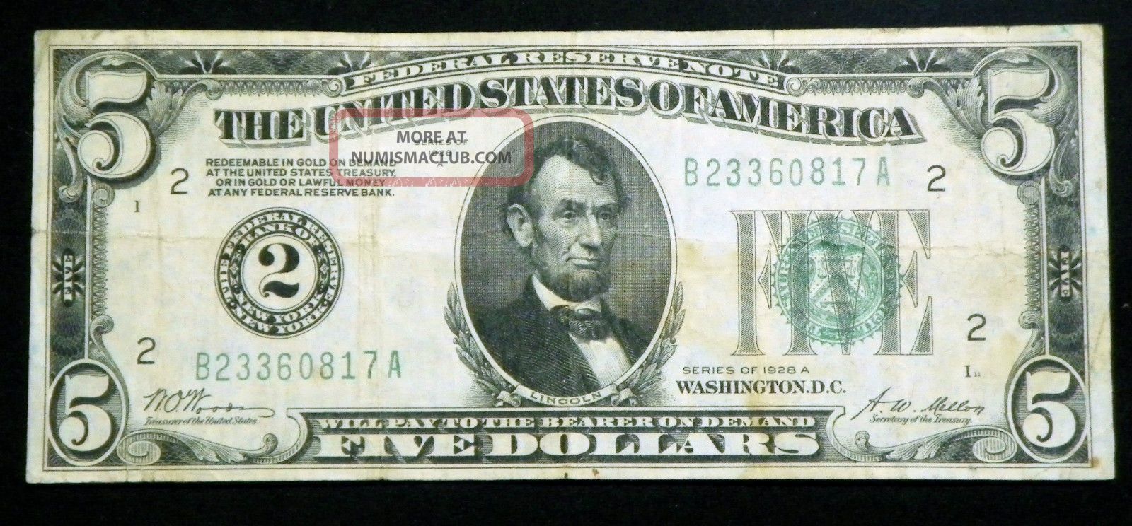 1928a $5 Redeemable In Gold On Demand Note Woods - Mellon Number 2 - Ba Block Small Size Notes photo