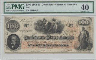 T - 41 Pf - 10 $100 Confederate Paper Money - Red Issued Sept 25 Stamp photo