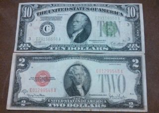 1928b $10,  1928g $2 Dollar Bills photo