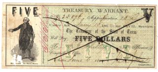 $5 Dollar 1862 Texas Treasury Warrant Randolph Tx Obsolete Paper Money Note Bill photo