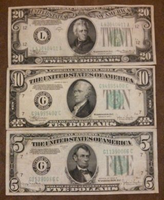 1934a $20,  1934c $10,  1934d $5 Dollar Bills,  Old Paper Money,  Us Currency, photo