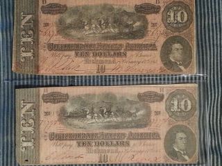2 1864 Confederate $10 Notes Csa Richmond Civil War photo