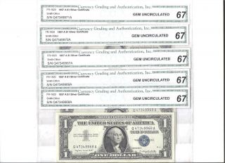 (5) 1957a $1 Silver Certificates Consecutive.  Cga Grade Gem Unc 67 photo