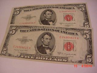 1953a Red Seal Pair $5.  00 Bills Crisp Uncirculated Consecutive Numbers photo