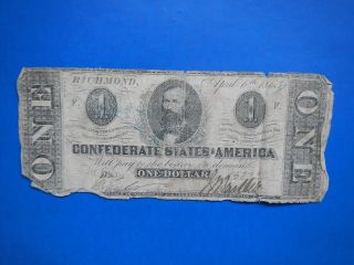 Civil War Confederate 1863 1 Dollar Bill Richmond Virginia Currency Note Csa Old photo