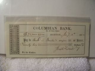 Obsolete Civil War Columbian Bank Check For $72.  83 1862 Boston Ma photo