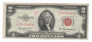 1953a Red Seal $2.  00 Thomas Jefferson Note,  Two Dollar Bill A57175307a photo