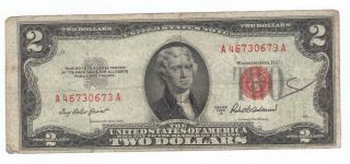1953a Red Seal $2.  00 Thomas Jefferson Note,  Two Dollar Bill A46730673a photo