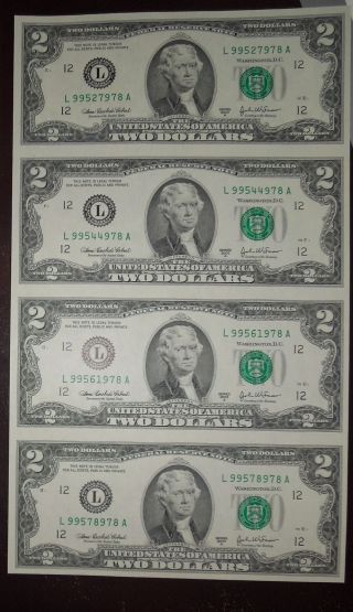(4) 2003 A $2 Dollar Uncut Uncirculated Consecutive Us Bills photo