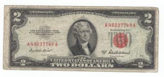 1953a Red Seal $2.  00 Thomas Jefferson Note,  Two Dollar Bill A48237749a photo