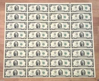 Uncut Sheet Of 32 - $2 Bills Notes Dollars Money Currency Two 2009 Great Gift photo