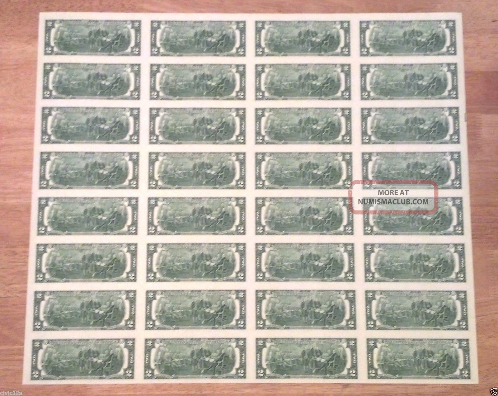Uncut Sheet Of 32 2 Bills Notes Dollars Money Currency Two 2009