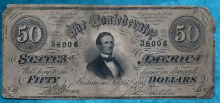 Rare Civil War Confederate Authentic Fifty Dollar Bill Circa 1864 150 Yrs Old photo