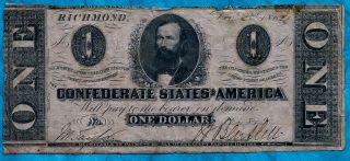 Rare Civil War Confederate Authentic One Dollar Bill Circa 1862 152 Years Old photo
