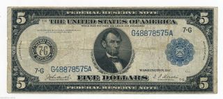 1914 $5 Federal Reserve Note Fr - 870 F 01151227b photo